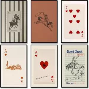 빈티지 웨스턴 카우보이 포스터 6종 세트 사우스웨스턴 월 아트 플레이 카드 캔버스 프린트 미드 센추리