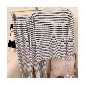 록쉬블몰 커플 잠옷세트 봄가을 잠옷 면 스트라이프 패드 가디건 긴팔 바지 커버 HO3