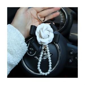 유니네샵 동백꽃 리본 진주 스트랩 키링 참장식 열쇠고리 키홀더 백꾸 백참 투명창 박스포장
