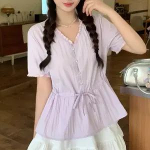 여성 데일리 브이넥 셔링 블라우스 프릴 페플럼 반팔연보라 여름 루즈핏 밴딩허리 허리끈 러블리 캐주얼 버