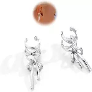 KRFY 여성용 1쌍 보우 이어 커프스 비 피어싱 조절 가능한 당글 커프 귀걸이 반짝이는 은색 / 연골 헬릭스