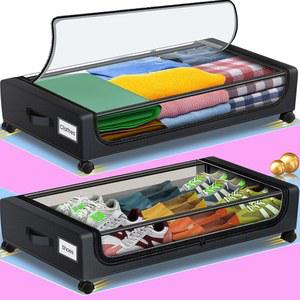 질 디아 바퀴가 달린 침대 밑 보관함, 투명 뚜껑이 있는 2팩 XXL 60L 신발 보관 정리함, 옷, 장난감, 담요를 위한 돔 침실 롤링 보관함