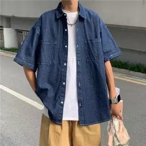 [셀러에이드]남성용 여름용 반팔 데님 오버핏 셔츠 블라우스
