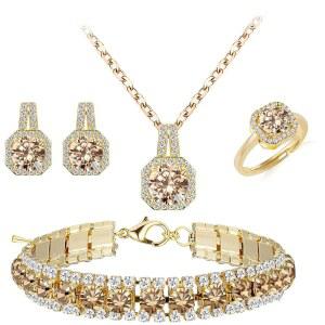 신부 들러리 큐빅 지르코니아 웨딩 주얼리 세트 4종 펜던트 목걸이 귀걸이 링크 테니스 팔찌 오픈 링 여성용