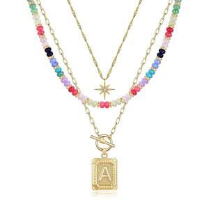 트렌디한 여성을 위한 MJartoria 레이어드 이니셜 목걸이, 14K 골드 도금 심플 스타 초커 스퀘어 레터 펜던트 컬러풀 비즈 목걸이 주얼리 선물