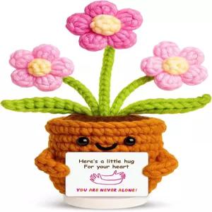 펜조스 감성 지원 식물 영감 메시지 카드가 있는 수제 크로셰 화분 꽃 핑크 꽃잎 니트 데이지 친구 가족