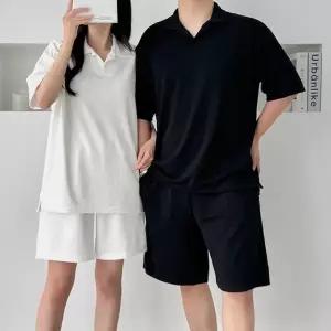 남녀공용 테리 타월 루즈핏 카라 반팔 반바지 세트 (WFJ7CJ8)