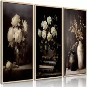 빈티지 무디 플라워 월 아트 다크 플로럴 캔버스 소박한 벽 장식 블랙 식물 농가 회화 그림 아카데미아