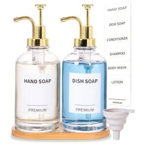 주방용 식기 비누 디스펜서, 펌프, 트레이, 욕실용 깔때기, 샤워기, 세탁기, 액체, 로션 세트(골드 2팩 18온스 투명 병 12개 스티커 포함)
