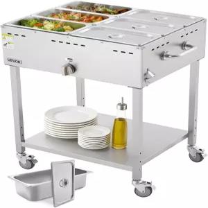 VEVOR 6팬 상업용 프로판 스팀 테이블 배수 밸브와 3인치 휠이 있는 LP 가스 야외 수프 워머 온도 조절이