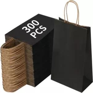 조이비 300팩 5.95x3.25x8인치 손잡이가 달린 작은 검은색 종이 가방 생일 파티용 크래프트 선물 식료품