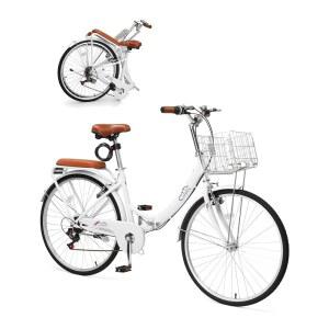 캠핑서바이벌 24/26인치 접이식 자전거 자전거, 잠금장치가 있는 7단 스피드 비치 크루저 편안한 뒷좌석, 바구니 및 인체공학적 직립 프레임,