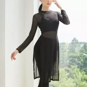 여성 롱넥 시스루 트임 댄스복 상의 라틴 밸리 라인