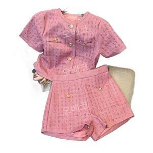 핑크트위드셋업 반팔반바지 여름하객룩 L 항공발송 세트 투피스 정장 여성