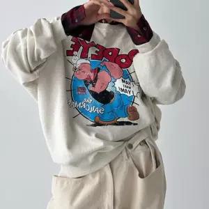 뽀빠이프린팅 라운드박스 맨투맨 긴팔티셔츠 데일리 빅사이즈 루즈핏 레터링 면캐주얼