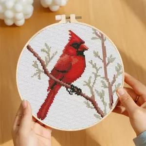 카툰 심플 레드 카디널 온 브랜치 DIY 스탬프 크로스 스티치 키트 초보자와 후프 11CT 니들포인트 카운트