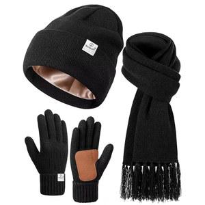 여성용 새틴 안감 비니 세트, 세트 겨울 실크 스타킹 장갑 스터퍼 선물 스카프 니트 장갑, 모자