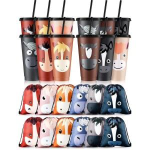 미포시 24개 말 파티 말을 테마로 한 장식을 위해 뚜껑과 빨대가 달린 플라스틱 컵 12개와 드로스트링 백팩 24온스 재사용 가능한 텀블러 물병 가방 12개 제공