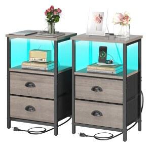 충전 스테이션이 있는 smec 나이트 스탠드, LED 스탠드 세트 2개, 서랍이 침대 옆 테이블, 패브릭 서랍 2개가 침실 침실용 3단 수납 사이드 회색