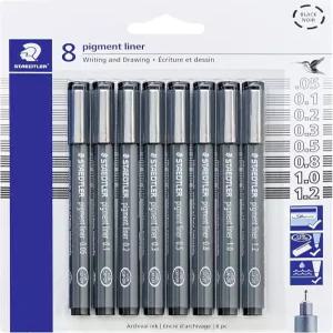 스테들러 안료 라이너 팩 블랙 펜 8개 모듬 선폭 0.05mm 0.1mm 0.2mm 0.3mm 0.5mm 0.8mm 1.0mm 1.2mm