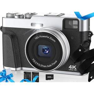 HICSHON SD 카드가 있는 4K 디지털 카메라, 플래시 뷰파인더 및 다이얼이 있는 48MP 포인트 앤 슛 카메라, 흔들림 방지, 16배 줌, 배터리 2개, DC202L-AF