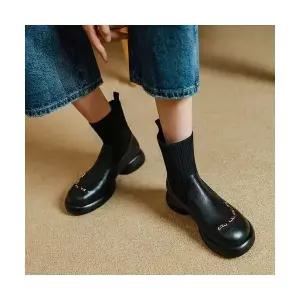 여성용 웨지힐 플랩 니트 양말 부츠 양가죽 컴포트 라운드 통굽 스판 CH5