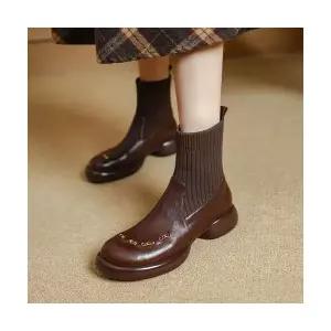여성용 웨지힐 신발 플랩 니트 양말 부츠 양가죽 컴포트 라운드 통굽 스판 KS5