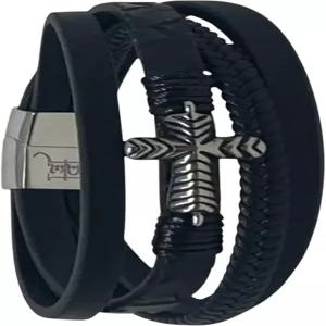 ED 하디 남성 블랙 인조 가죽 스택 팔찌 실버 크로스 참 MB0020-42-229