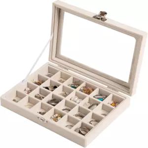 프리뷰티 24칸 주얼리 트레이 벨벳 스터드 귀걸이 정리함 뚜껑이 투명한 소형 잠금식 여성 소녀용 반지