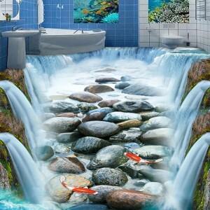 파니식 폭포 돌 물고기 3D 바닥 벽지 PVC  접착 방수 타일 스티커 거실 욕실 장식 벽화
