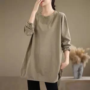 여자 데일리 티 롱루즈핏 추동 라운드 무지 루즈핏 셔츠 빅사이즈 긴팔 밑단 트임 탑 M스포4