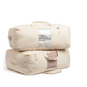 지퍼가 달린 부드러운 캔버스 보관 가방. 두꺼운 통기성, 2개의 킹/퀸 이불 정리함. 네 개의 휴대용 손잡이와 창문. 침대 담요 침구 베개, 옷을 위한 큰 25x19x9인치 가방