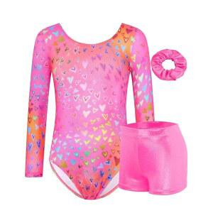 Gymnastics 여아용 레오타드, 반짝이는 댄스 의상, 반바지 로즈 2-3세 핑크., 발레 바이크타드, 텀블링 포함, 긴소매 바디수트,