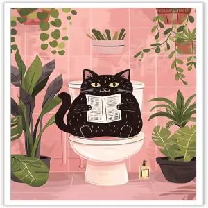 DVBOCS 재미있는 욕실 블랙 고양이 포스터 귀여운 반려동물 독서 신문 화장실 벽 아트 프린트 빈티지