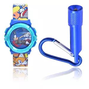 Sonic Mega 디지털 시계 세트 - LED 플래시 조명 LCD 디스플레이 손전등 키체인 또는 플라스틱 스트랩 블루