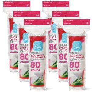 심플리 소프트 알로에 인퓨즈드 프리미엄 코튼 라운드, 80 카운트(6팩), 보습 베라, 100% 순면, 흡수성 패드, 민감한 피부를 촉촉하고 진정시켜주고 저자극성