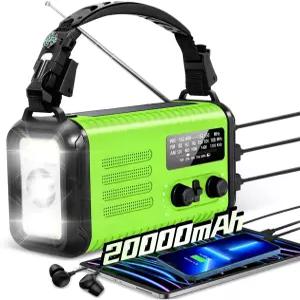 20000mAh/74000mWh 비상 크랭크 라디오 NOAA/AM/FM 휴대용 날씨 태양열 핸드 USB 휴대폰 충전기로 구동되는