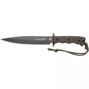 톱스 나이프 야생 돼지 사냥꾼 풀 탱 고정 칼날 - 스나이퍼 그레이 마감 벨트 루프가 있는 갈색 가죽 칼집