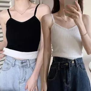 여성 겨울 필수 골지 따뜻한 기모 안감 브이넥 끈 민소매 나시