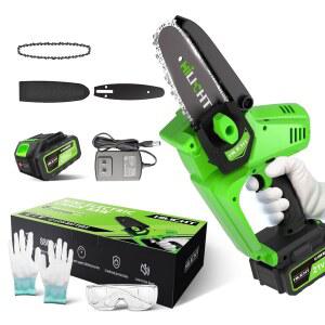 [미국배송] HILICHT 미니 전기톱 무선 21V 전기톱 6인치 통나무 절단 4000MAH 배터리 및 안전 잠금장치 나무 다듬기 자르기 정원 유지보수를 위한 강력한 휴대용