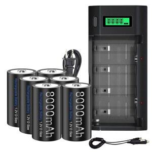 [미국배송] 충전기 포함 충전식 D 배터리 6팩 AA AAA 9V CD 배터리용 범용 8000MAH 1.2V NI-MH 사이즈 - 보관 케이스