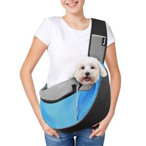 Pawaboo 애완견 슬링 , 조절 가능한 스트랩이 있는 핸즈프리 드로스트링 개 파푸스, 강아지 고양이용 메쉬 백, 야외 여행용 포켓이 크로스바디 사첼 지갑, 연한 파란색, 작은
