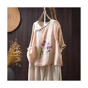 여자 데일리 롱루즈핏티 앤티크룩 빈티지 사선 집게 모시 칠부 셔츠 루즈핏 라운드 풀오버 SPO마켓5