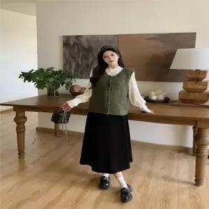 여자스커트 플리츠 추동 빅사이즈 빈티지 니트 조끼+레이스+롱 스커트 원템4