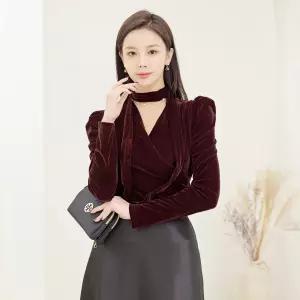 채핏 렉쏘 벨벳랩셔링 블라우스 섹시 글램 긴팔 bl 셔링 벨벳 랩스타일 타이 퍼프 하객룩 격식룩