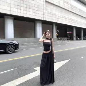 여성 다크 그레이 민소매 톱 나시 여름 캐주얼 세트 하이웨스트 스커트 롱 투피스 J04Z2-3 심코1