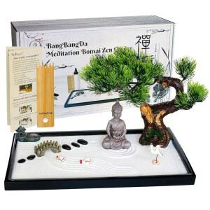 일본 테이블 탑 명상 젠 정원 선물 - 탁상 바위 모래 다리 대나무 갈퀴 분재 나무 식물 파고다 액세서리 도구 키트 사무실 가정 데스크톱 휴식 상자 장식