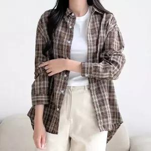 간절기 데일리 루즈핏 체크 무늬 긴팔 셔츠 오버핏 브라운 가을 데일리룩 남방 캐주얼 빅사이즈 아우터 레