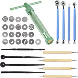 Supkiir 33Pcs 클레이 폰던트 압출기 케이크 장식 용품 설탕 모델링 도구 페이스트 건 볼 스타일러스 도팅