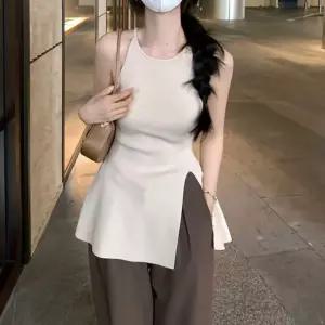 플레어 슬리브리스 탑 언발란스 나시티레이어드룩 블라우스 언나시 하객 언발 끈나시 정장